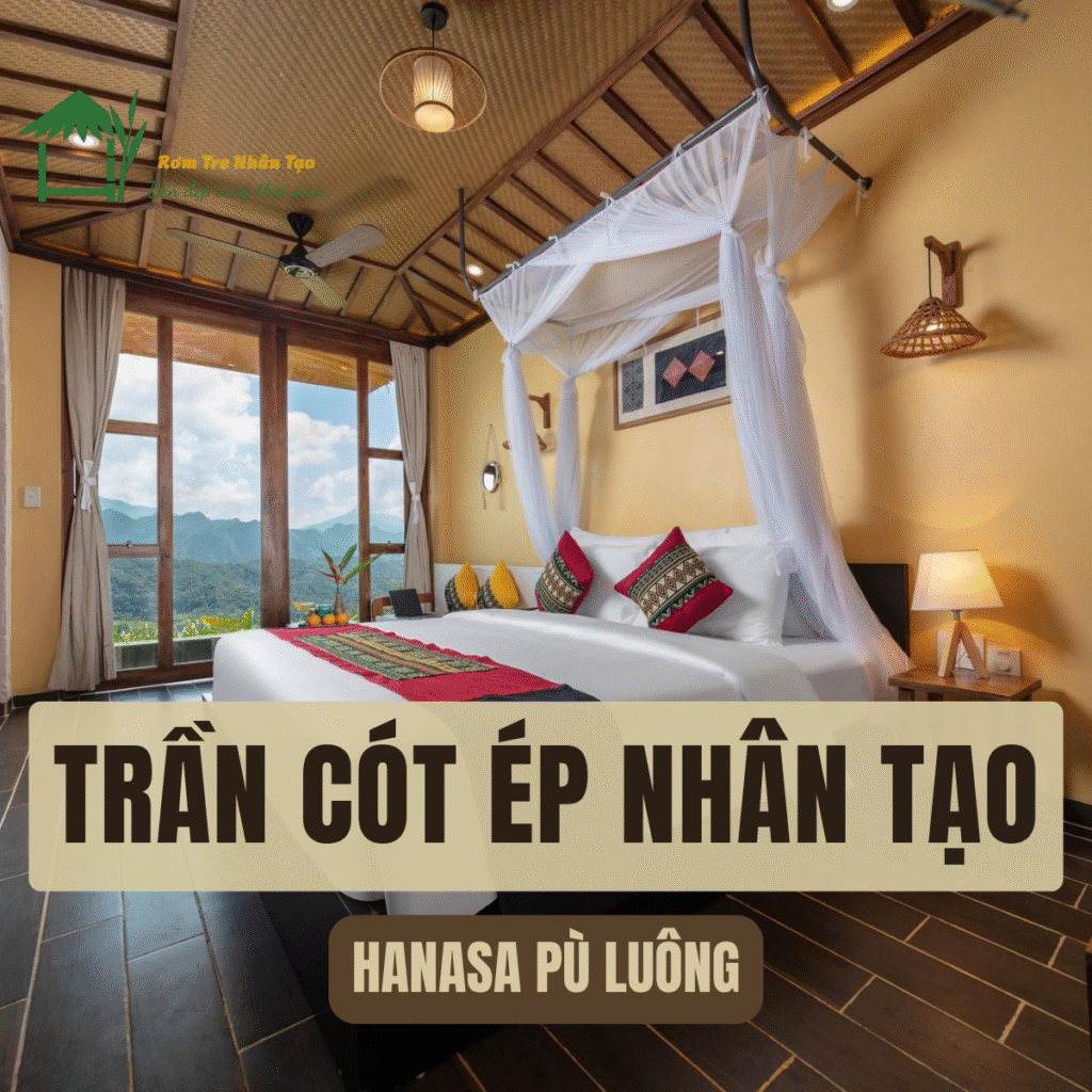 Cót Ép Nhân Tạo 17 Nội thất phòng ngủ tại Hanasa Pu Luong Resort với trần nhà làm từ cót ép nhân tạo, giường đôi có màn, cửa sổ lớn nhìn ra thiên nhiên.
