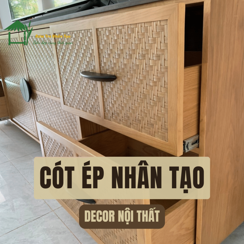 Cót Ép Nhân Tạo 18 ủ gỗ với các ngăn kéo và cánh cửa được làm từ cót ép nhân tạo, tay nắm kim loại màu đen.