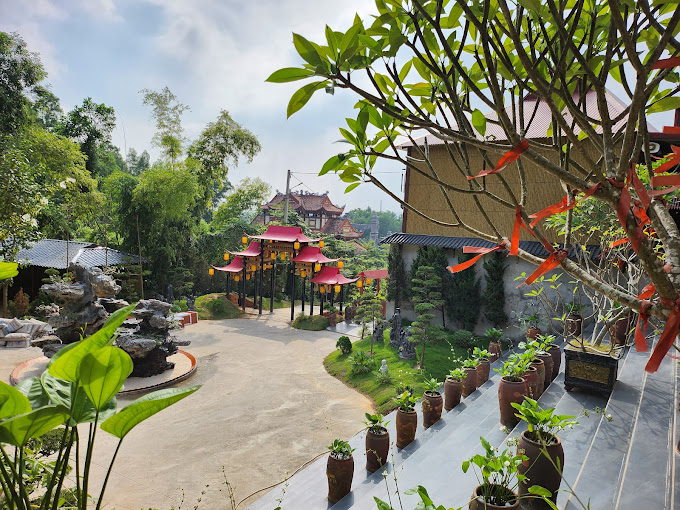 Chùa Cây Thị – Hà Nam: 5 Ứng Dụng Tre Nhân Tạo Giúp Gìn Giữ Hồn Việt Lâu Dài 6 Lối đi sân chùa bao quanh bởi cây cảnh và tường công trình ốp tre nhân tạo