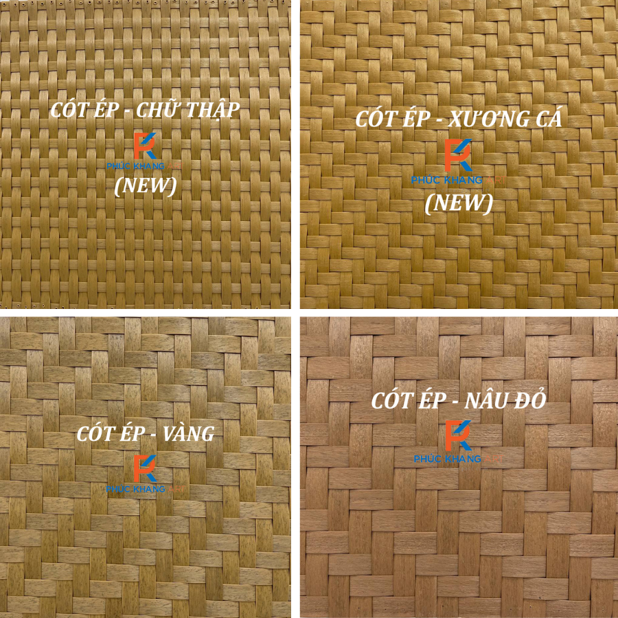 Top 3 Ứng Dụng Mành Tre Nhân Tạo Cho Công Trình Hiện Đại 4 So sánh các loại mành tre nhân tạo: vàng trơn, vàng sùi, nâu đỏ và xương cá.