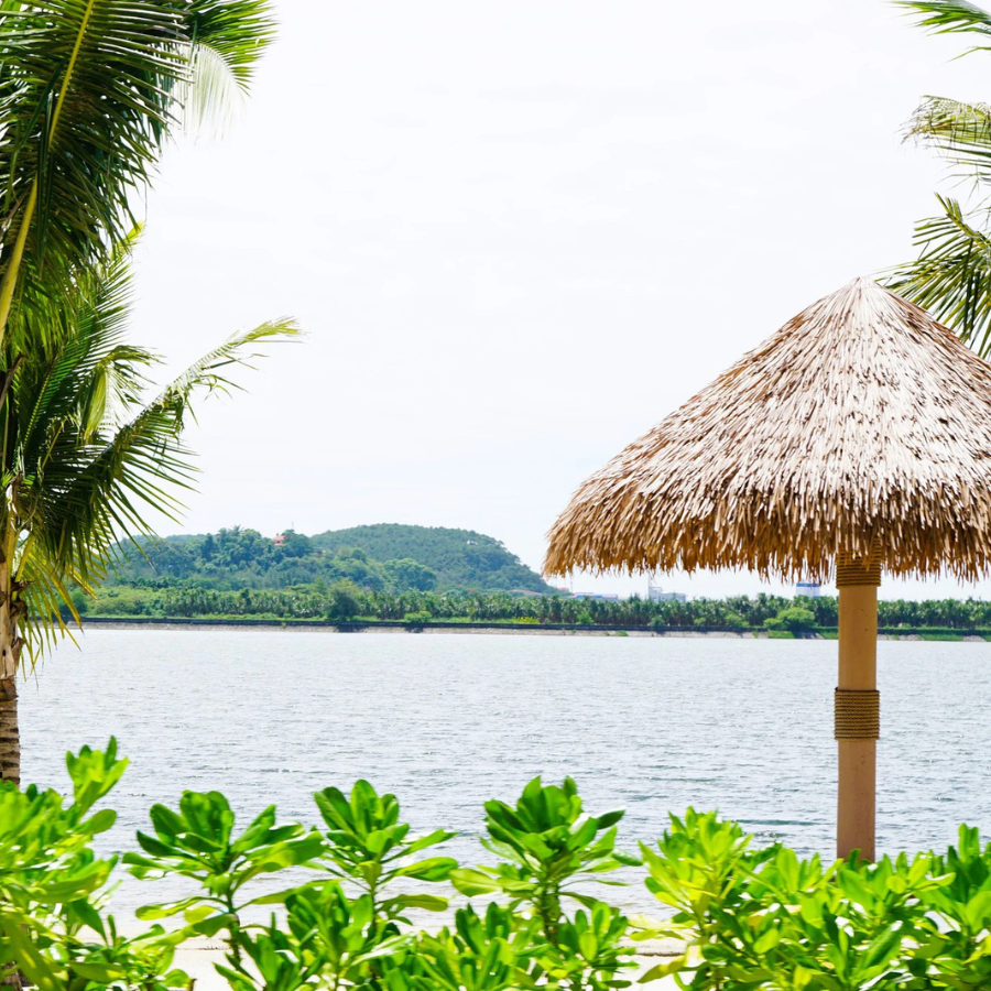 Rơm Nhân Tạo Lợp Mái Chuẩn Resort – Bền Đẹp Tới 15 Năm Ngoài Trời 3 Mái chòi rơm nhân tạo hướng biển trong không gian xanh