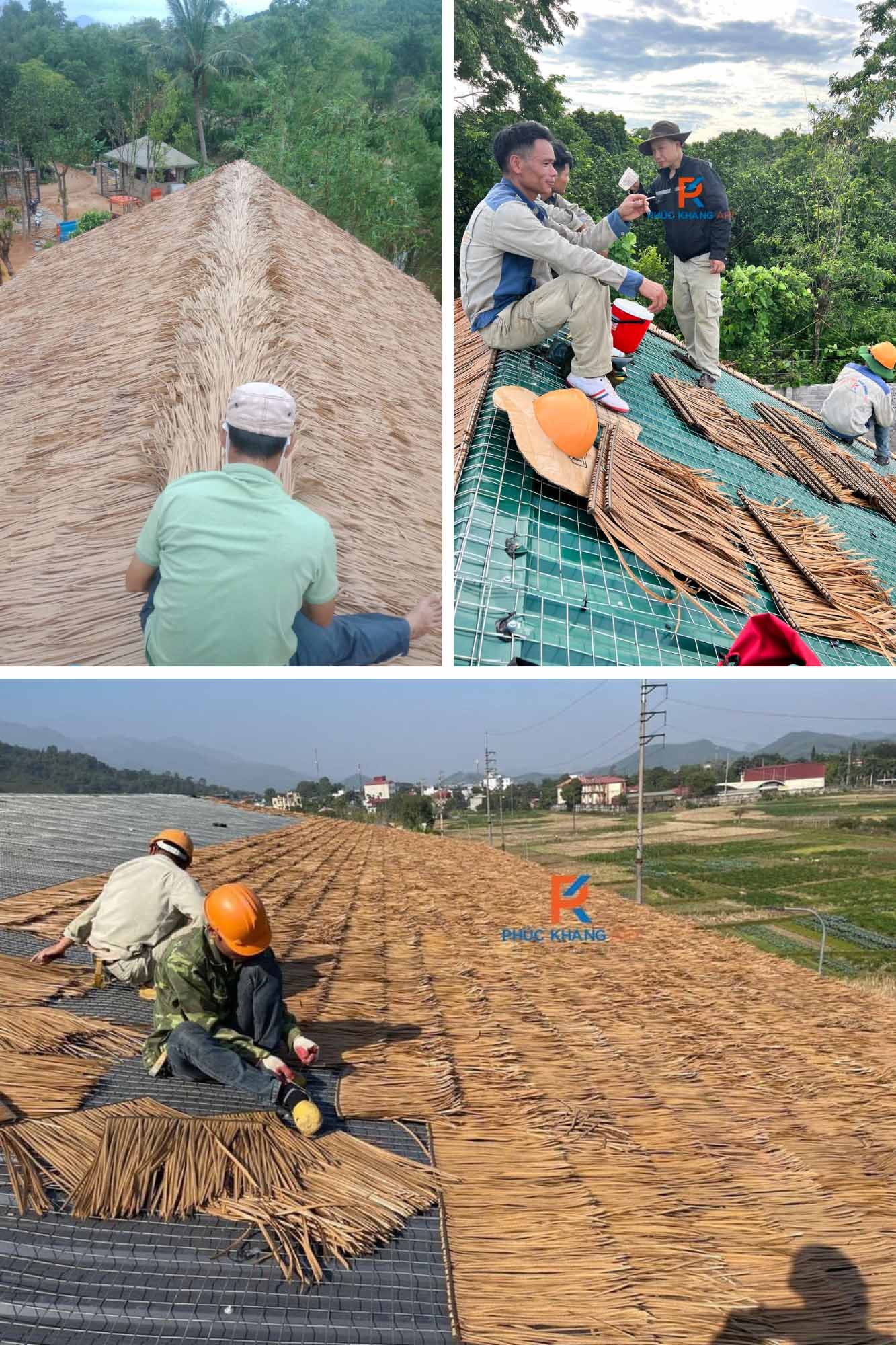 Mái Lá Nhân Tạo Chống Nóng Mái Tôn - Giải Pháp Hiệu Quả Cho Không Gian Sống Mát Mẻ 2025 9 Thi công rơm nhân tạo trên mái tôn theo từng lớp từ dưới lên, khoảng cách đều 20-30cm giữa các lớp để đảm bảo độ phủ và thẩm mỹ.