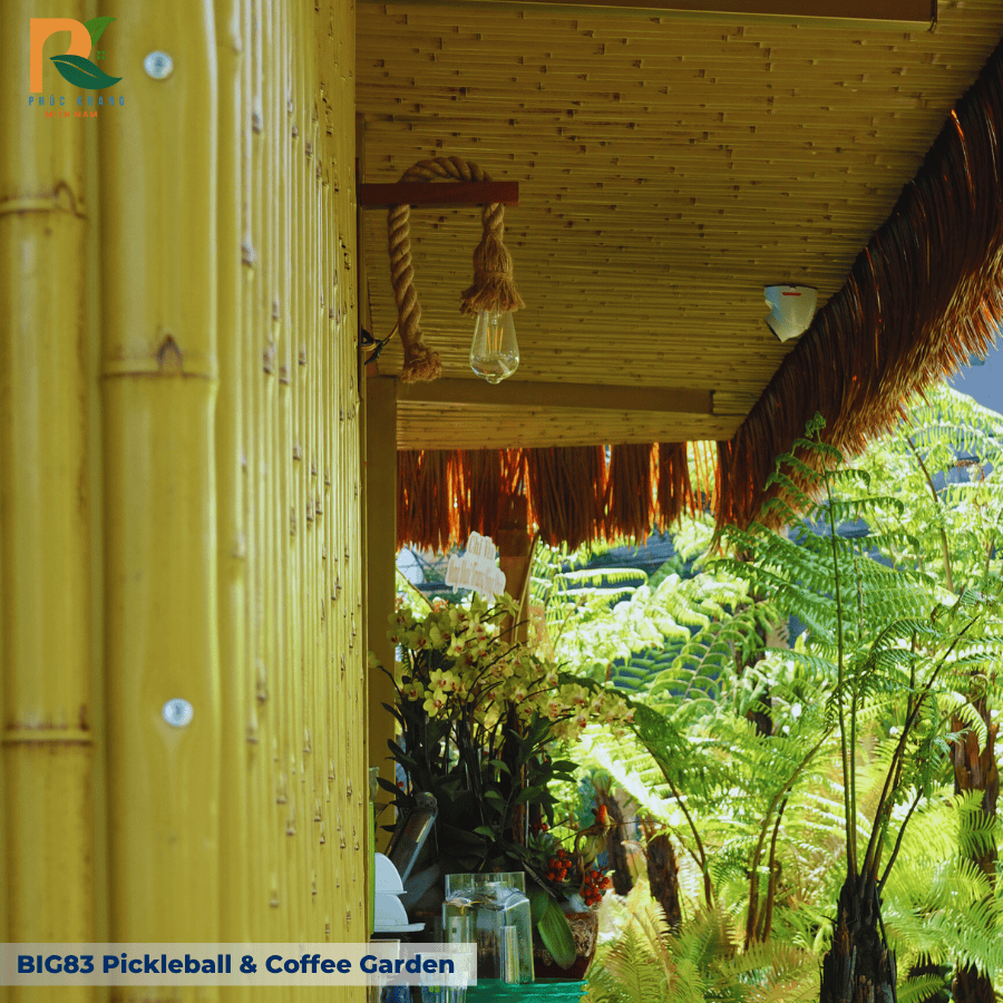 BIG83 Pickleball & Coffee Garden – Không Gian Thể Thao & Cafe Mộc Mạc Với Rơm Nhân Tạo Và Tre Nhân Tạo 2025 11 Ốp tường bao quanh khu vực sân thể thao
