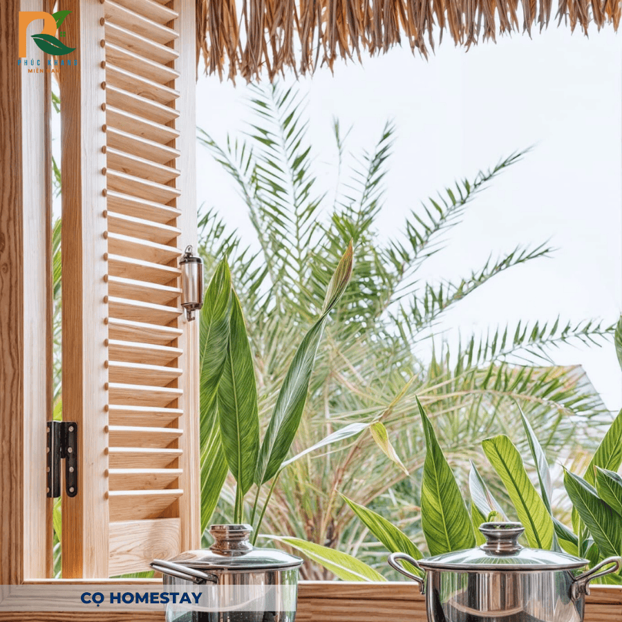 Cọ Homestay | Rơm Nhân Tạo Tại Buôn Ma Thuột – Nét Mộc Giữa Đại Ngàn 2025 10 Mái hiên rơm nhân tạo kết hợp gỗ mộc tại Cọ Homestay – giải pháp nghỉ dưỡng xanh giữa lòng Buôn Ma Thuột.