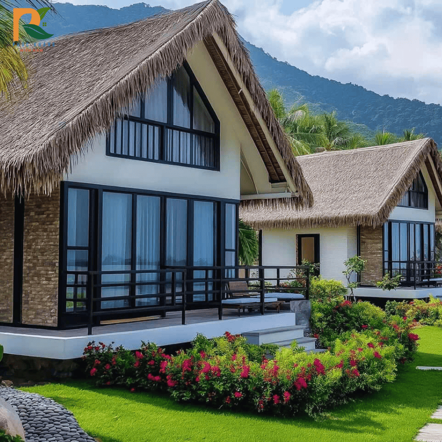 Rơm Nhân Tạo Tại Huế – Lựa Chọn Mái Lá Đẹp, Bền, Thân Thiện Với Cảnh Quan Cố Đô 2025 1 Công trình resort sinh thái sử dụng rơm nhân tạo tại Huế, chống ẩm, bền màu, không mối mọt.