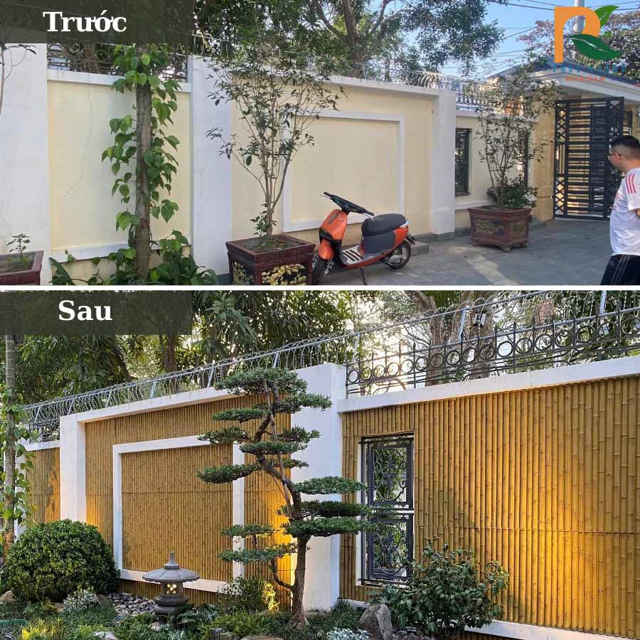 Tấm Tre Nhân Tạo - Decor Sân Vườn Biệt Thự Bền Đẹp 2025 1 Vách trước và sau khi ốp tấm tre nhân tạo