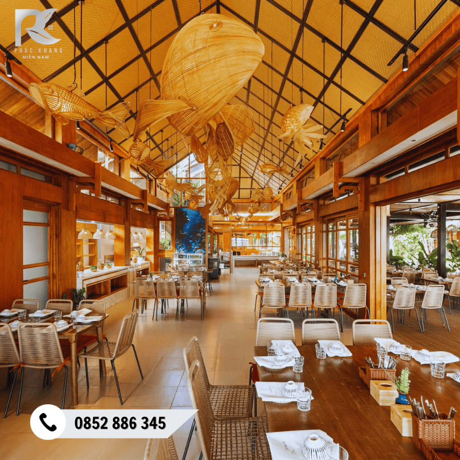 Cót Ép Nhân Tạo Tại Đà Nẵng – Giải Pháp Trang Trí Mộc Mạc, Bền Đẹp Cho Quán Cafe – Homestay – Nhà Hàng 2025 9 Cót ép nhân tạo ứng dụng trong nhà hàng – villa – resort Đà Nẵng.