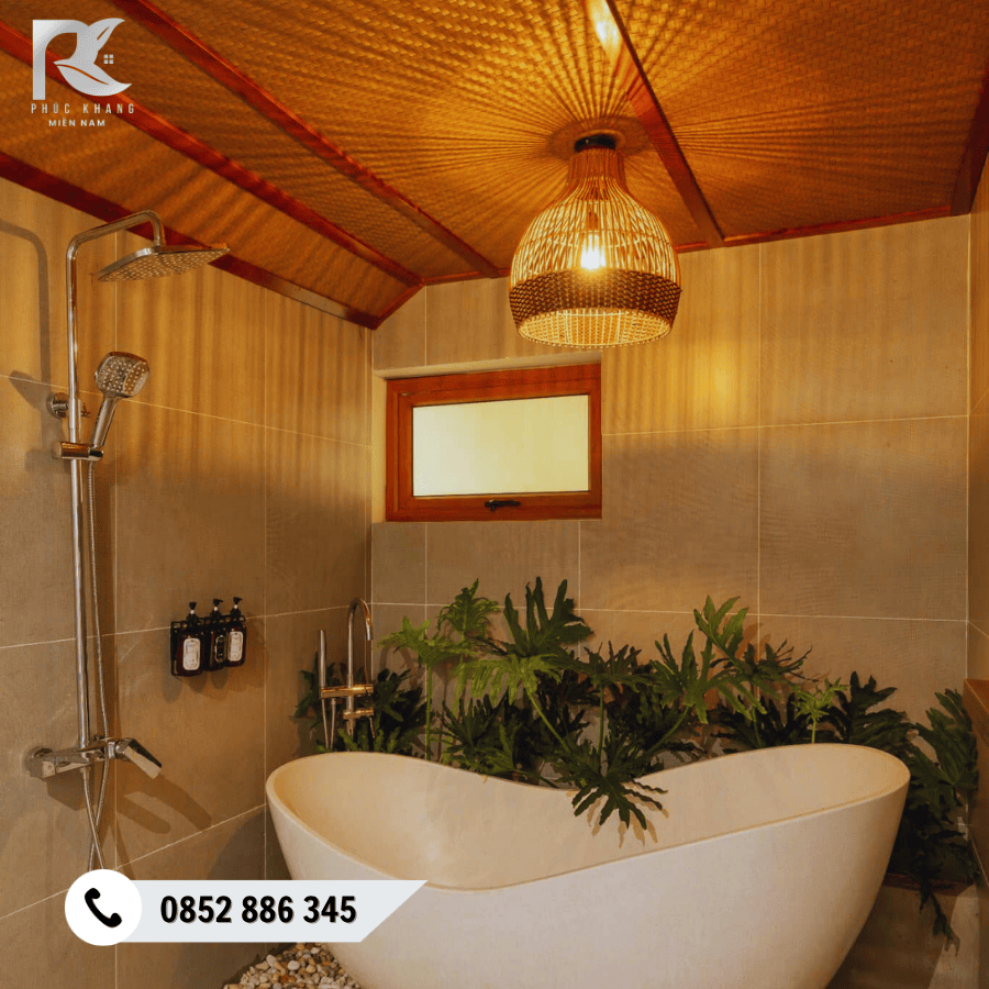 Cót Ép Nhân Tạo Tại Đà Nẵng – Giải Pháp Trang Trí Mộc Mạc, Bền Đẹp Cho Quán Cafe – Homestay – Nhà Hàng 2025 13 Ốp trần phong cách Tropical bằng cót ép nhân tạo – xu hướng décor 2025.